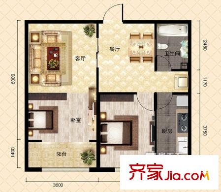 奧特錦鴻嘉苑戶型圖2居室 2室2廳1衛(wèi)1廚