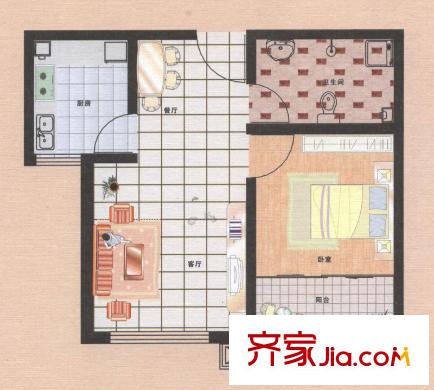 荷花盛世二期2號(hào)樓O戶型51平米 1室2廳1衛(wèi)1廚
