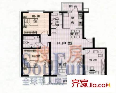荷花茗苑戶型圖3室2廳1衛(wèi)1廚
