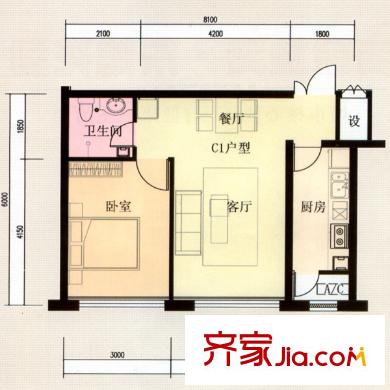 東旭花園戶型圖住1戶型（C1） 1室2廳1衛(wèi)1廚