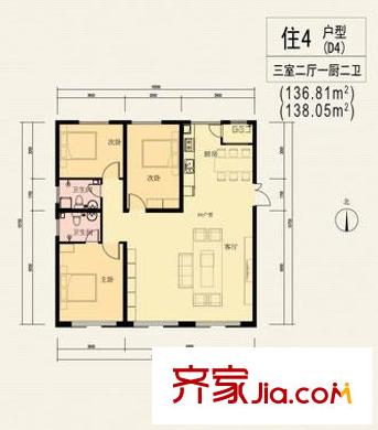 東旭花園戶型圖戶型D4 3室2廳2衛(wèi)1廚