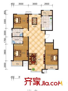 誠安逸品花園戶型圖A戶型 3室2廳2衛(wèi)1廚