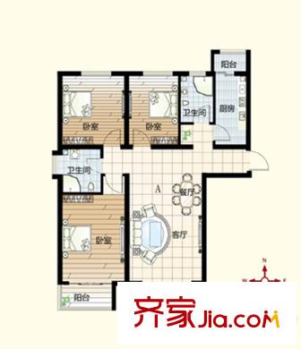鉑瑞公館戶型圖A戶型 3室2廳2衛(wèi)1廚