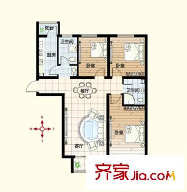 鉑瑞公館戶型圖A’戶型 3室2廳2衛(wèi)1廚