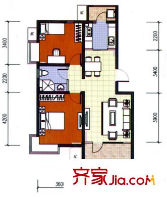 東方紅戶(hù)型圖A2戶(hù)型（售完） 2室2廳1衛(wèi)1廚