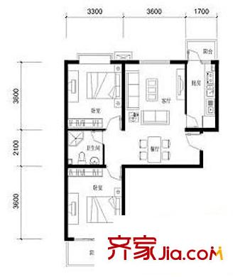 嘉元青年匯戶型圖A戶型 2室2廳1衛(wèi)1廚