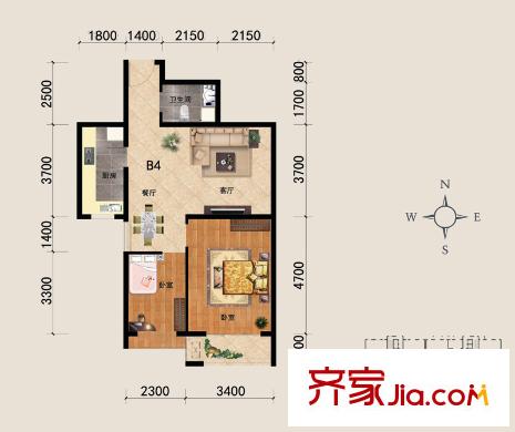 河北新人家戶型圖B4戶型 2室1廳1衛(wèi)1廚