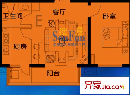 陶然居戶型圖1-13號(hào)樓多層小高層E戶型 1室1廳1衛(wèi)1廚