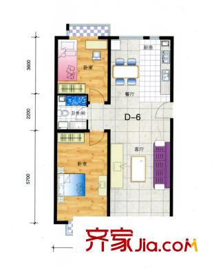 盛唐府邸戶型圖D6戶型 2室2廳1衛(wèi)1廚
