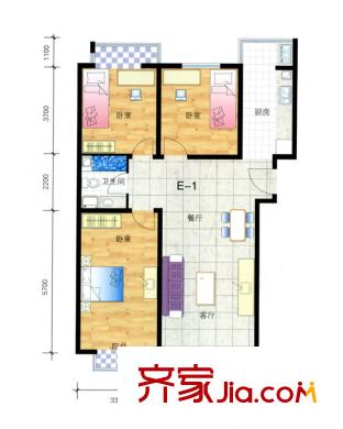 盛唐府邸戶型圖E1 3室2廳1衛(wèi)1廚