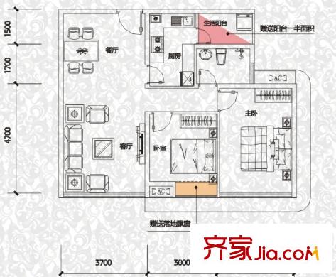 渤海新世界戶型圖D戶型 2室2廳1衛(wèi)1廚