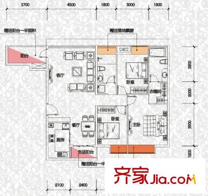 渤海新世界戶型圖B戶型 3室2廳2衛(wèi)1廚