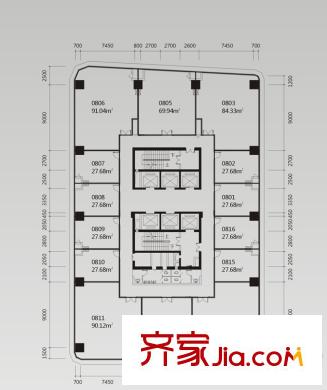 渤海新世界戶型圖寫字樓8層平層圖 1室