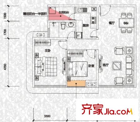 渤海新世界戶型圖C戶型 2室2廳1衛(wèi)1廚