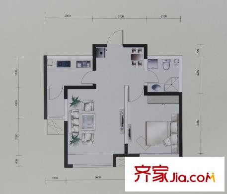 融科上城戶型圖一期D戶型 1室2廳1衛(wèi)1廚
