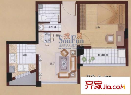 泰禾御西湖戶型圖02戶型10-18層 1室2廳1衛(wèi)1廚