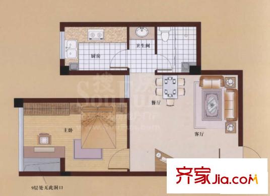 泰禾御西湖戶型圖05戶型 5-9層 1室2廳1衛(wèi)1廚