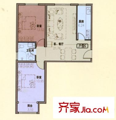 在水一方戶型圖C戶型 2室2廳1衛(wèi)1廚