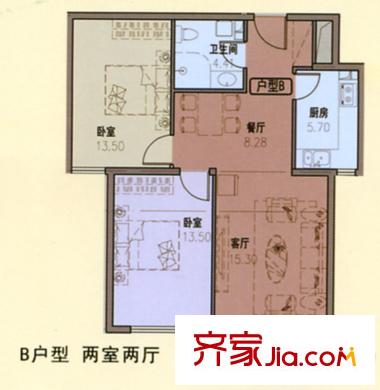 在水一方戶型圖B戶型 2室2廳1衛(wèi)1廚