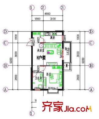 紫御山莊戶型圖戶型H 1室1廳1衛(wèi)1廚