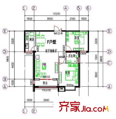 紫御山莊戶型圖戶型F 2室2廳1衛(wèi)1廚