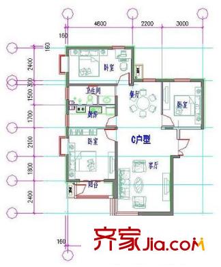 紫御山莊戶型圖戶型C 3室2廳1衛(wèi)1廚