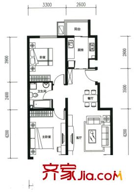 元龍水云間戶型圖B1戶型 2室2廳1衛(wèi)1廚