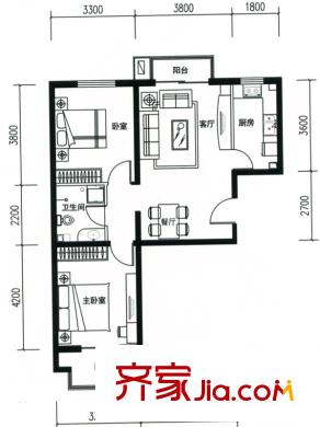 元龍水云間戶型圖B2戶型 2室2廳1衛(wèi)1廚