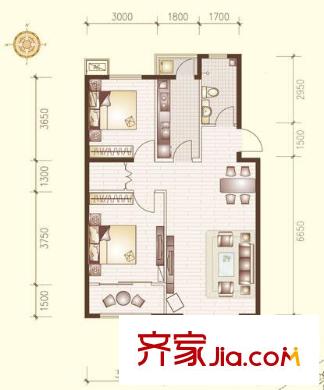 高第花園戶型圖J戶型 2室2廳1衛(wèi)1廚