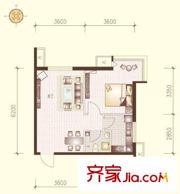高第花園戶型圖C戶型 1室2廳1衛(wèi)1廚