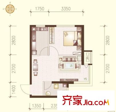 高第花園戶型圖E戶型 1室2廳1衛(wèi)1廚