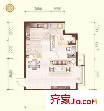高第花園戶型圖D戶型 1室2廳1衛(wèi)1廚