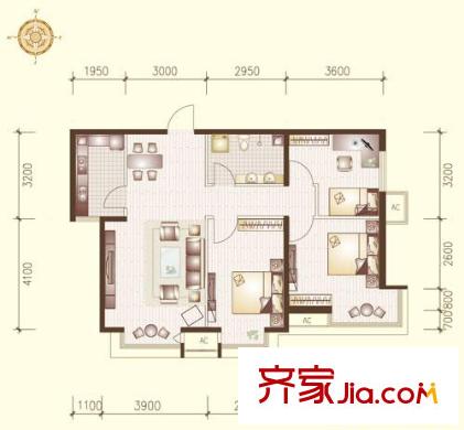 高第花園戶型圖A戶型 3室2廳1衛(wèi)1廚