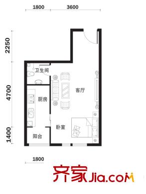 鳳城陽光戶型圖C2戶型 1室1廳1衛(wèi)1廚