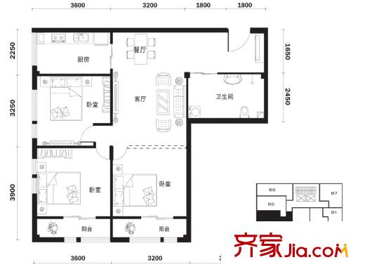 鳳城陽光戶型圖B4戶型 3室2廳1衛(wèi)1廚