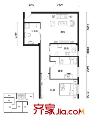 鳳城陽光戶型圖B1戶型 2室1廳1衛(wèi)1廚