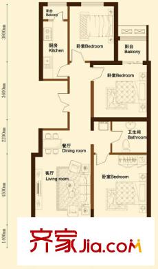 金洋華城戶型圖C3戶型 3室2廳1衛(wèi)1廚