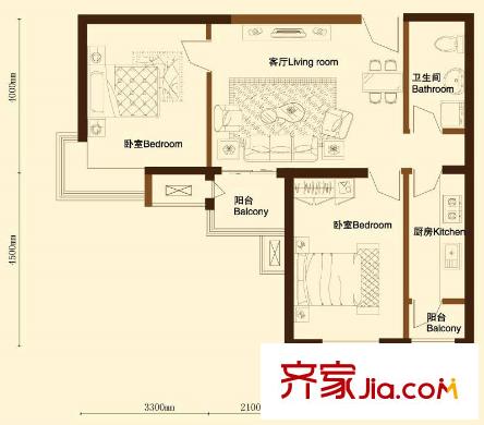 金洋華城戶型圖B2戶型 2室2廳1衛(wèi)1廚