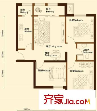 金洋華城戶型圖C1戶型 3室2廳1衛(wèi)1廚