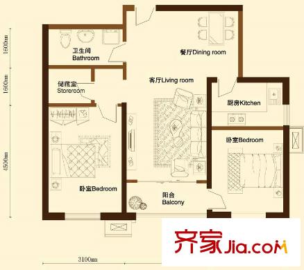 金洋華城戶型圖B3戶型 2室2廳1衛(wèi)1廚