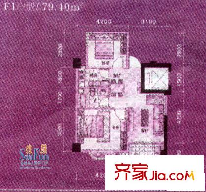 名城財(cái)富主場(chǎng)戶型圖F1 2室1廳1衛(wèi)1廚