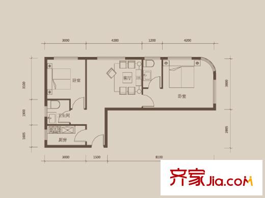 盛唐國際購物中心戶型圖A戶型 2室2廳2衛(wèi)1廚