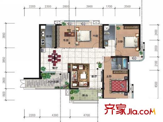 格林威治戶型圖3#01戶型 4室2廳2衛(wèi)1廚