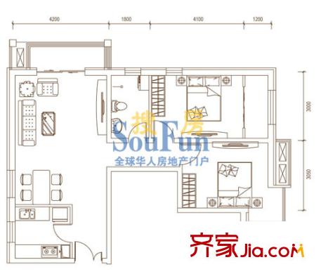 文苑鳳凰城戶型圖1號樓A1反 2室2廳1衛(wèi)1廚