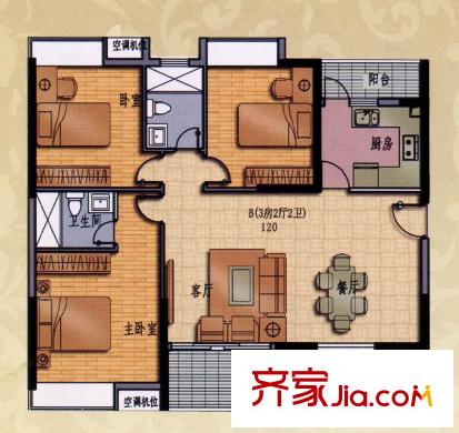 君安景苑戶型圖B戶型 3室2廳2衛(wèi)1廚