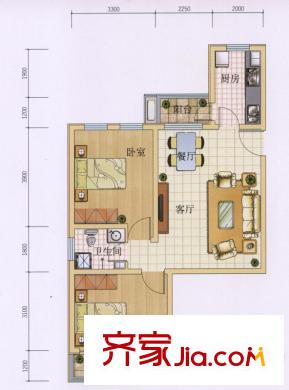 六合軒府戶型圖6號樓標(biāo)準(zhǔn)層J戶型 2室2廳1衛(wèi)1廚