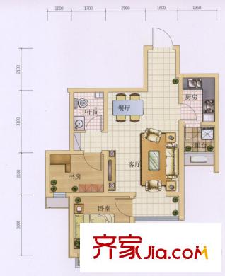 六合軒府戶型圖6號樓標(biāo)準(zhǔn)層K戶型 2室2廳1衛(wèi)1廚