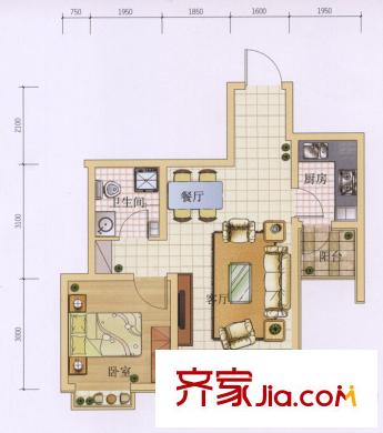 六合軒府戶型圖5號樓標(biāo)準(zhǔn)層M戶型 1室2廳1衛(wèi)1廚