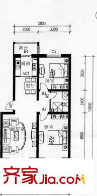濱湖莊園戶型圖B戶型 2室2廳1衛(wèi)1廚