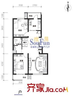 濱湖莊園戶型圖W戶型 2室2廳1衛(wèi)1廚